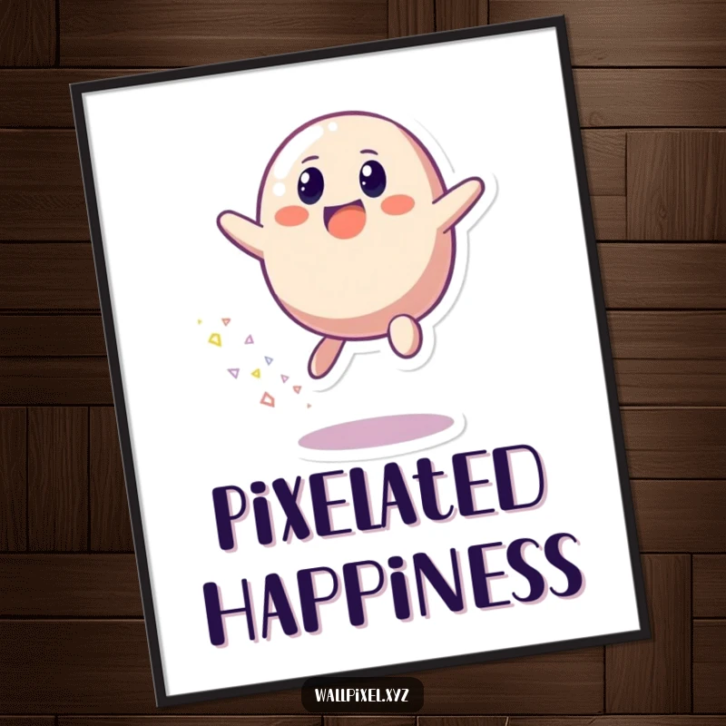 Funny digital art print of a pixelated blob character joyfully bouncing, surrounded by a trail of bright, scattered pixels.