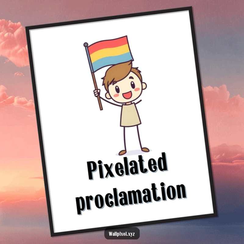 Funny digital art print of a stick figure character enthusiastically waving a pixelated flag, evoking retro celebration.