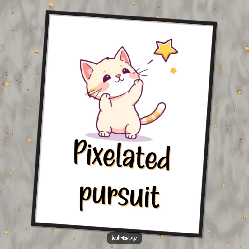 Funny digital art print of a pixel cat playing with a pixel star, perfect for instant retro gaming wall decor.