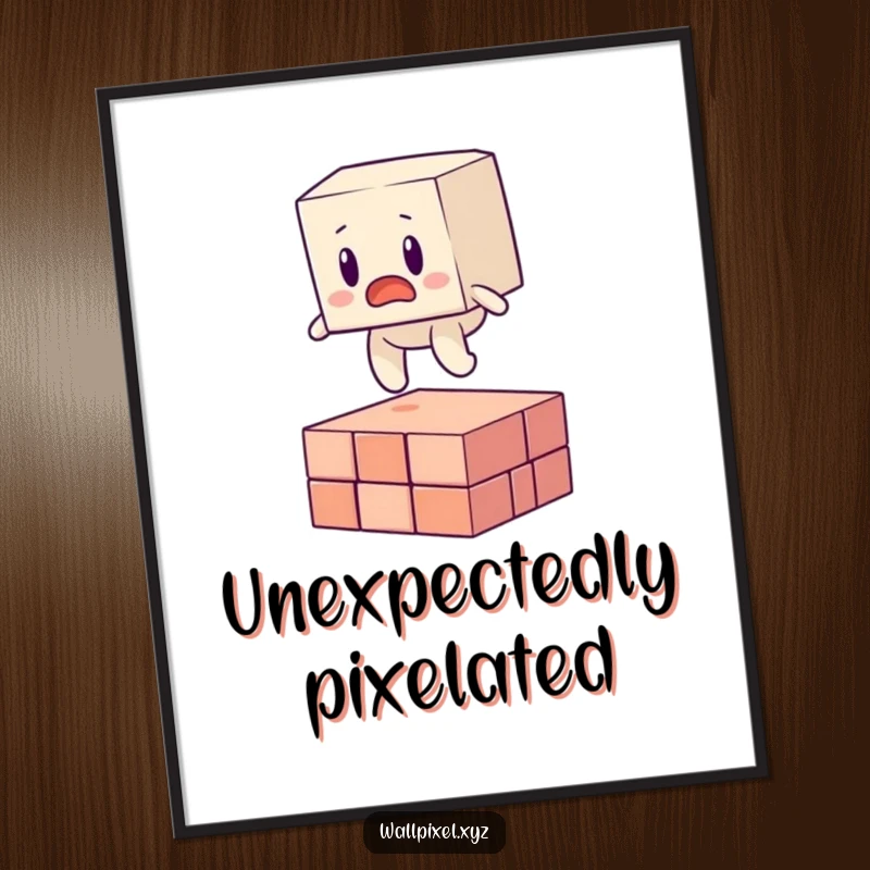 Funny digital art print of a surprised blocky character tripping over a floating pixel, perfect wall art.