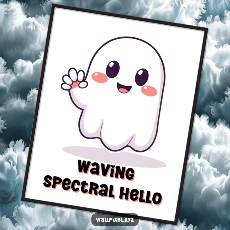 Funny digital art print of a pixelated ghost smiling and waving a friendly, blocky greeting, perfect for retro spooky decor.