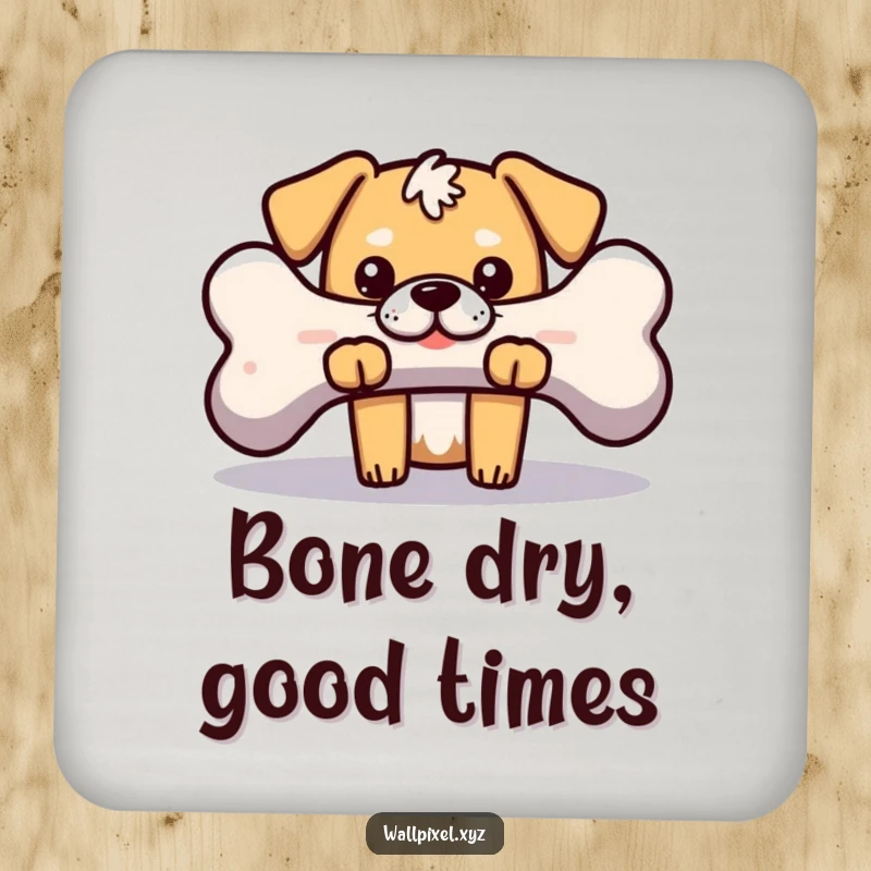 Funny drink coaster featuring a blocky pixelated dog peeking from behind a pixelated bone, perfect for protecting surfaces with retro charm.