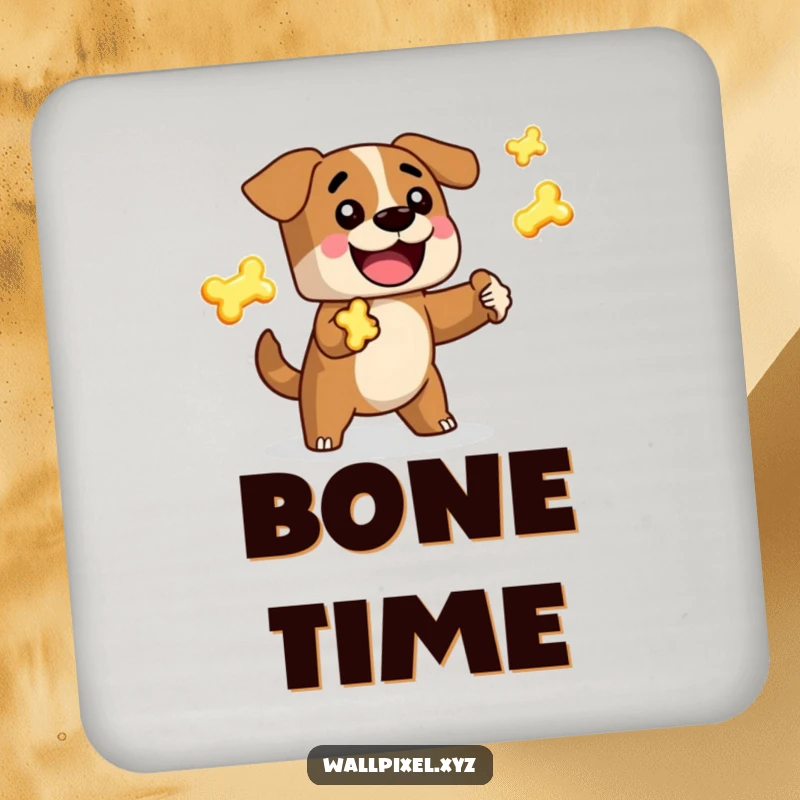 Funny Pixel Dog Coaster: A blocky, retro dog character joyfully juggles glowing pixelated bones, protecting surfaces with humor.