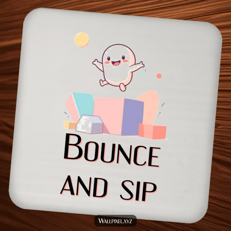 Funny smiling pixel figure bouncing on abstract geometric shapes on a round drink coaster.