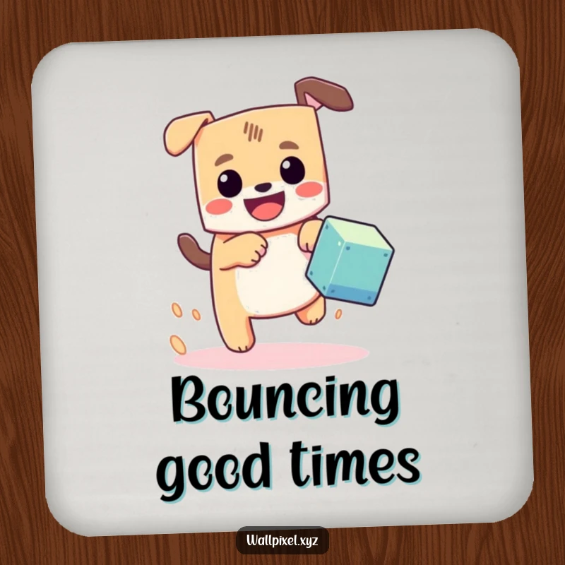 Funny pixel dog coaster, a blocky dog with a happy grin chasing a pixel cube, offering surface protection with retro charm.