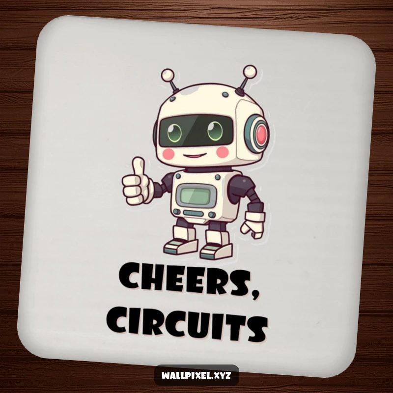 Funny drink coaster featuring a pixel robot giving a thumbs up with its blocky hand, adding retro tech flair.