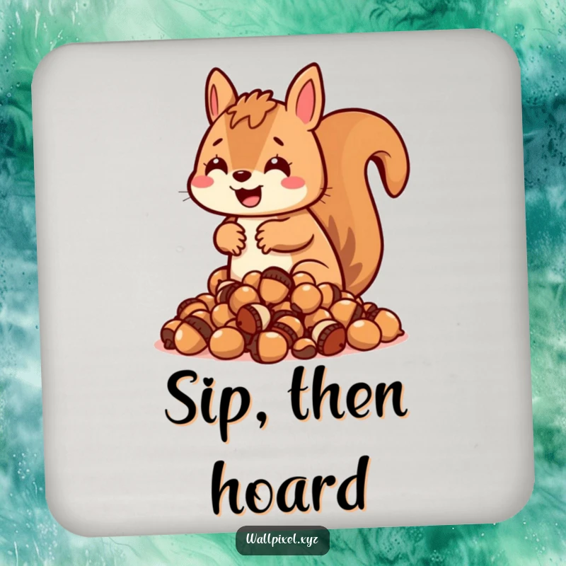 Funny blocky squirrel coasters, character hoarding pixelated acorns, retro drink protection.