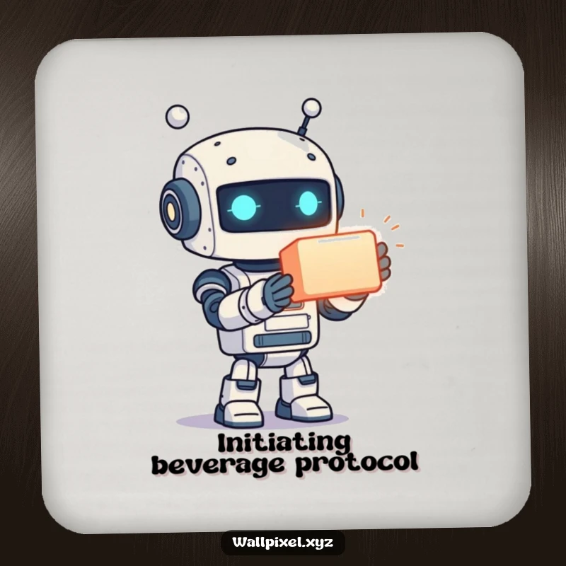 Funny drink coasters featuring a pixelated robot extending a radiant glowing cube, providing a humorous and protective surface.
