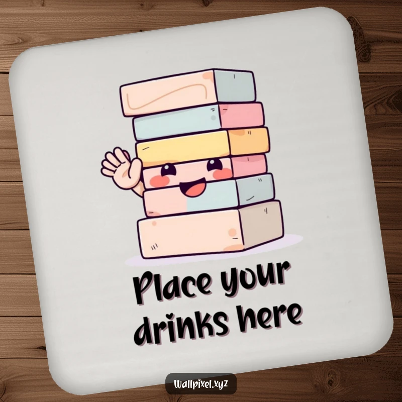 Funny drink coasters featuring a smiling stack of blocks waving, providing a humorous and protective layer for beverages.