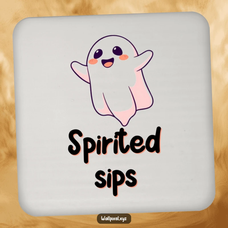Funny drink coaster with a laughing pixelated ghost floating upside down, adding a touch of spectral humor.