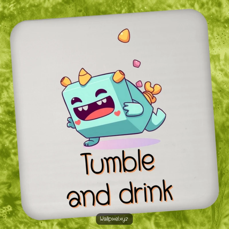 Funny blocky monster character making a funny face while tumbling end over end on a drink coaster.
