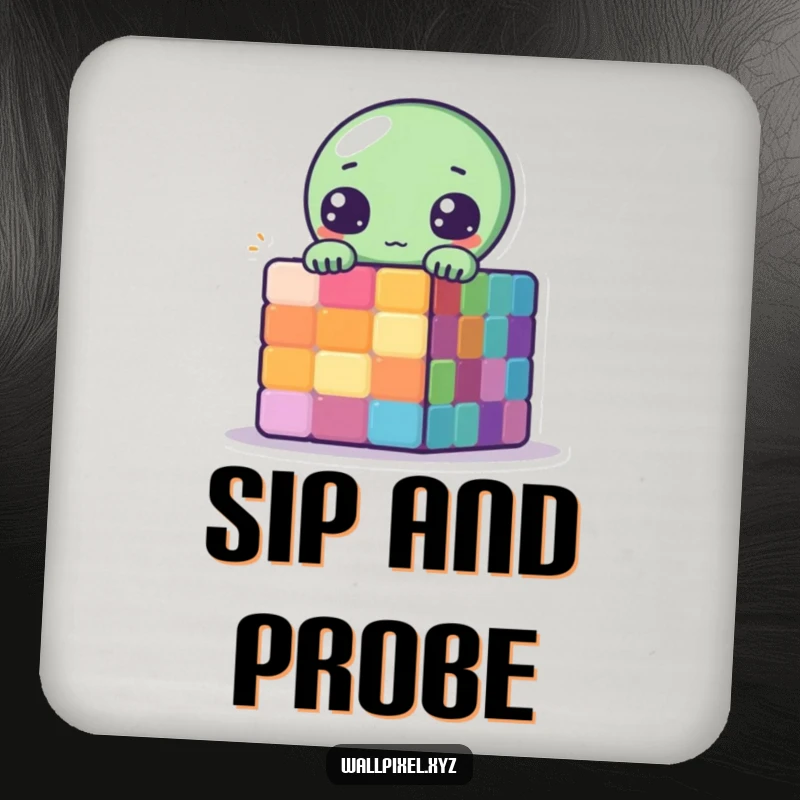 Funny Pixelated Alien Coasters showcasing a cute alien peeking from behind a colorful pixelated cube, protecting surfaces with humor.