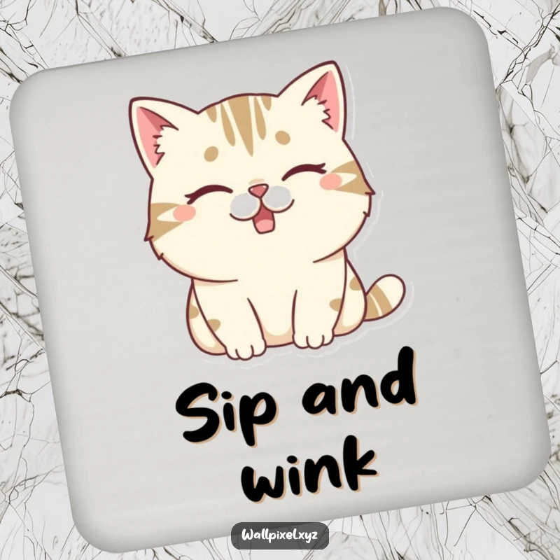 Funny drink coaster featuring a chunky pixelated cat winking with a missing tooth, protecting surfaces with retro charm and humor.