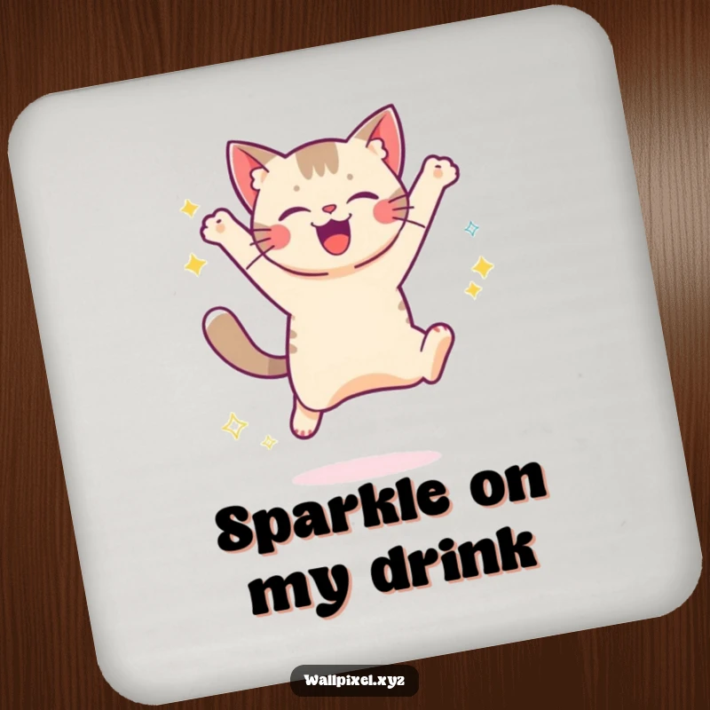 Funny drink coaster featuring a pixelated cat jumping joyfully with digital sparkles, bringing retro gaming vibes to surface protection.