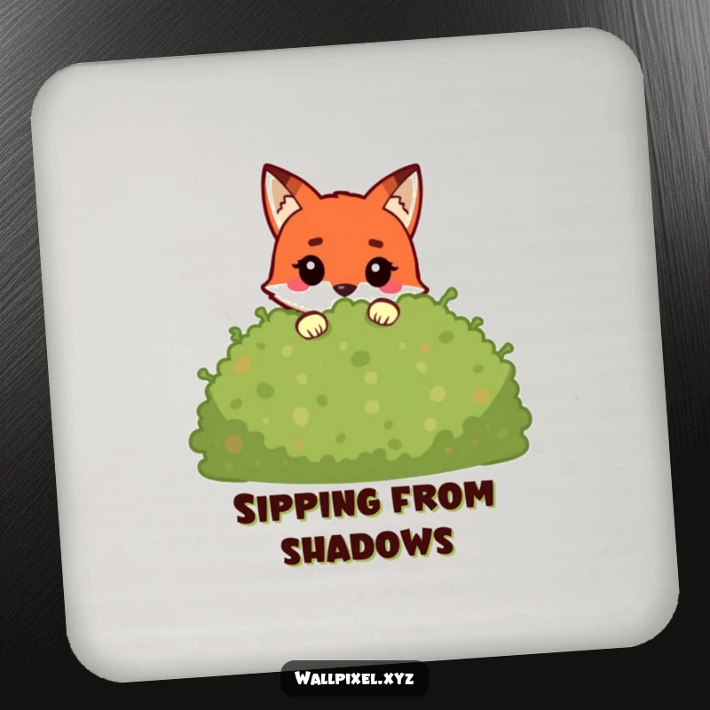 Funny pixel fox coaster set with a blocky character peeking from a pixelated bush, protecting surfaces with retro gaming charm.