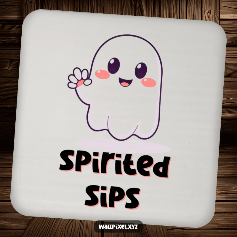 Funny drink coaster featuring a smiling pixelated ghost waving hello with its blocky gesture, protecting surfaces with retro spookiness.