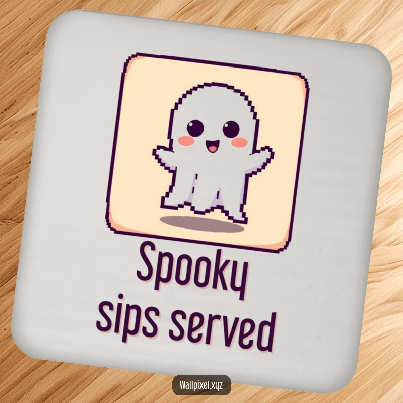 Funny drink coaster with a pixelated ghost character playfully haunting a square, combining humor and surface protection.