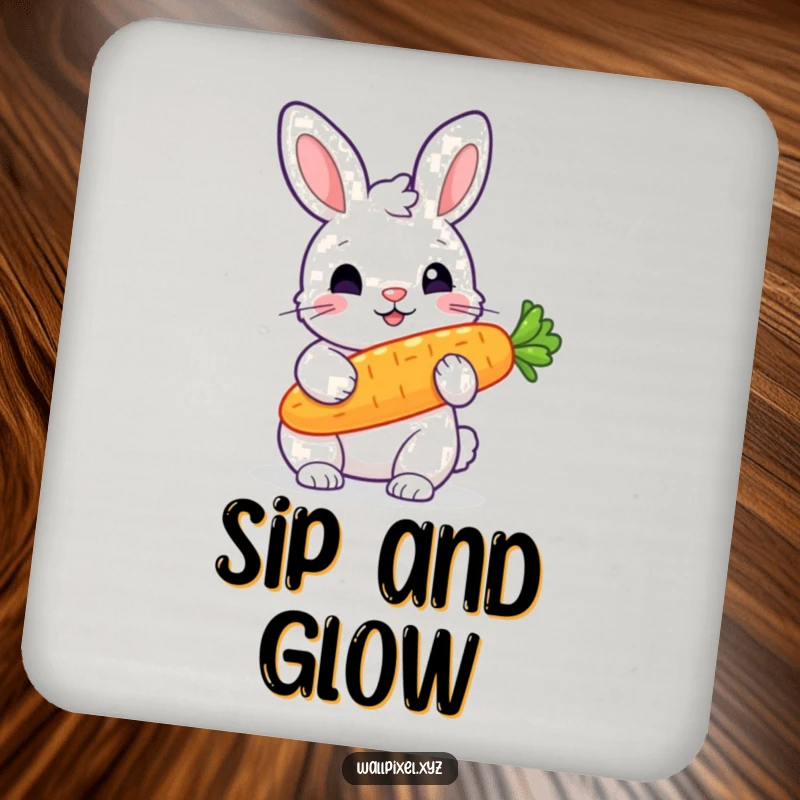 Funny drink coaster featuring a pixelated rabbit holding a glowing pixelated carrot, protecting surfaces with retro charm.