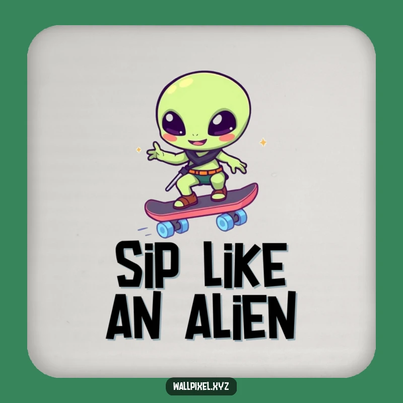 Funny Pixelated Alien Skater Coaster - Protect Surfaces with Sci-Fi Humor Gift!