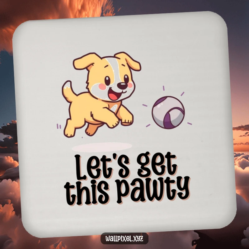 Funny drink coaster with a pixelated dog chasing a bouncing pixelated ball, adding retro charm.