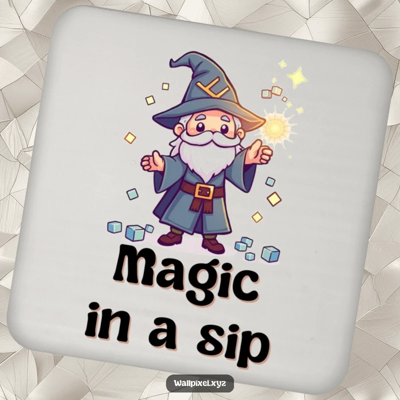 Funny pixel wizard coasters, tiny wizard casting a spell with sparkling cubes, retro drink protection.