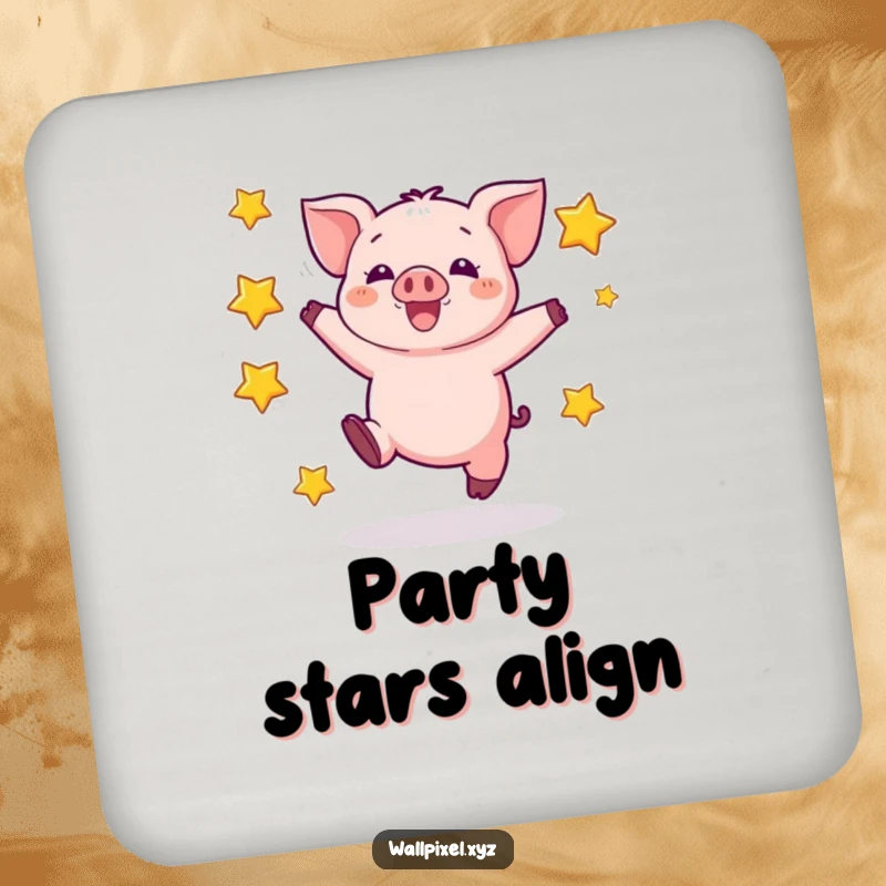 Funny drink coaster featuring a pixelated piglet jumping joyfully amidst blocky stars, protecting surfaces with retro charm.