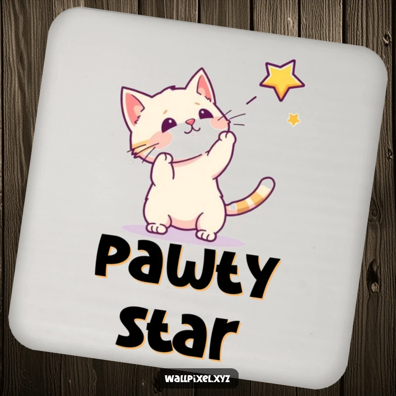 Funny drink coaster with a pixel cat aiming for a pixel star, adding retro gaming flair to table protection.