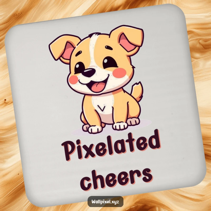 Funny Pixelated Dog Coasters showcasing a charming digital dog joyfully wagging its blocky tail, protecting surfaces with humor.