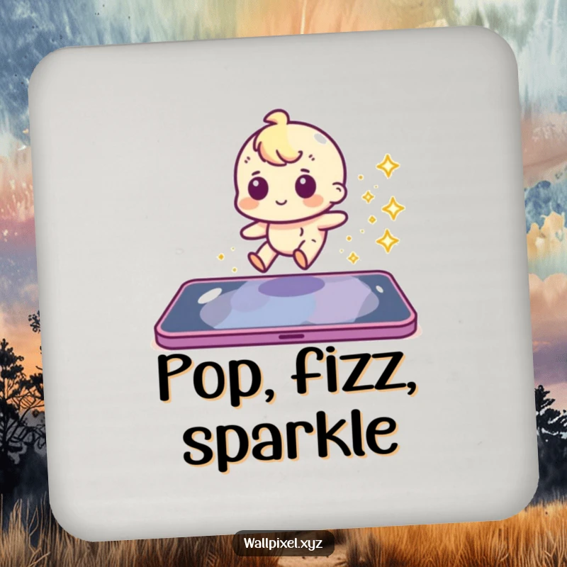 Funny pixel character sliding with a sparkly trail on a round drink coaster.