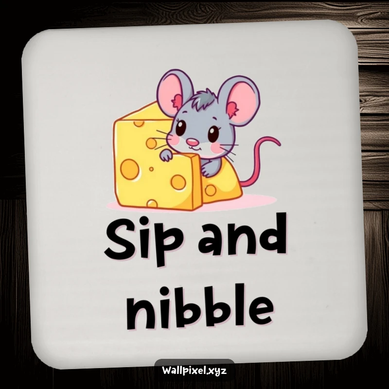 Funny pixelated mouse character peeking from behind a giant digital cheese block on a drink coaster.
