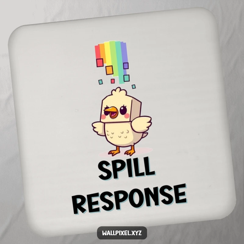 Funny Bird Drink Coaster: A blocky bird reacts with surprise to a falling pixelated rainbow, offering retro humor and surface protection.
