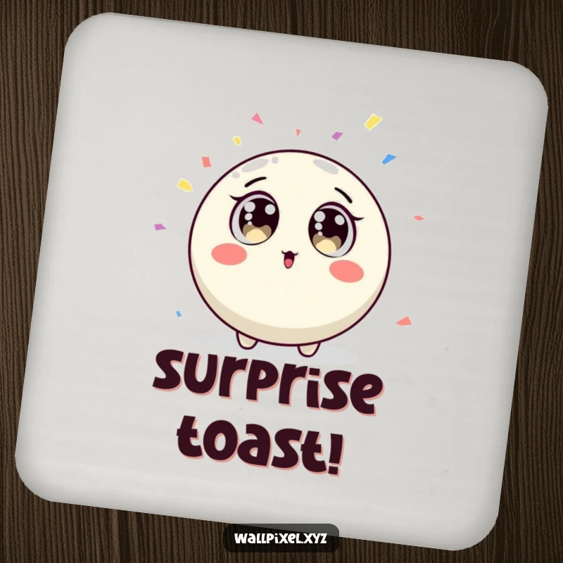 Funny round pixel character with surprised big eyes looking at falling confetti on a drink coaster.