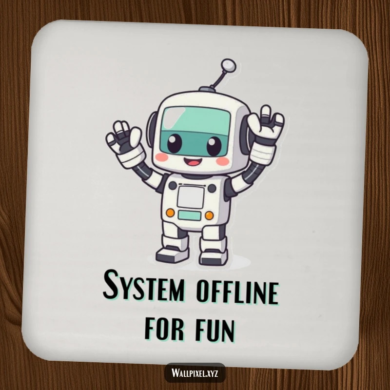 Funny pixel robot coaster, a cheerful blocky robot waving energetically, offering surface protection with retro tech charm.