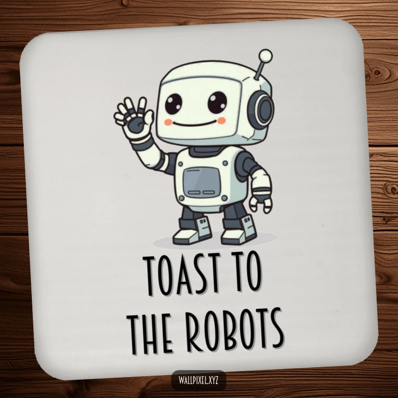 Funny drink coaster featuring a smiling pixelated robot waving with a digital arm, perfect for protecting surfaces with retro sci-fi charm.