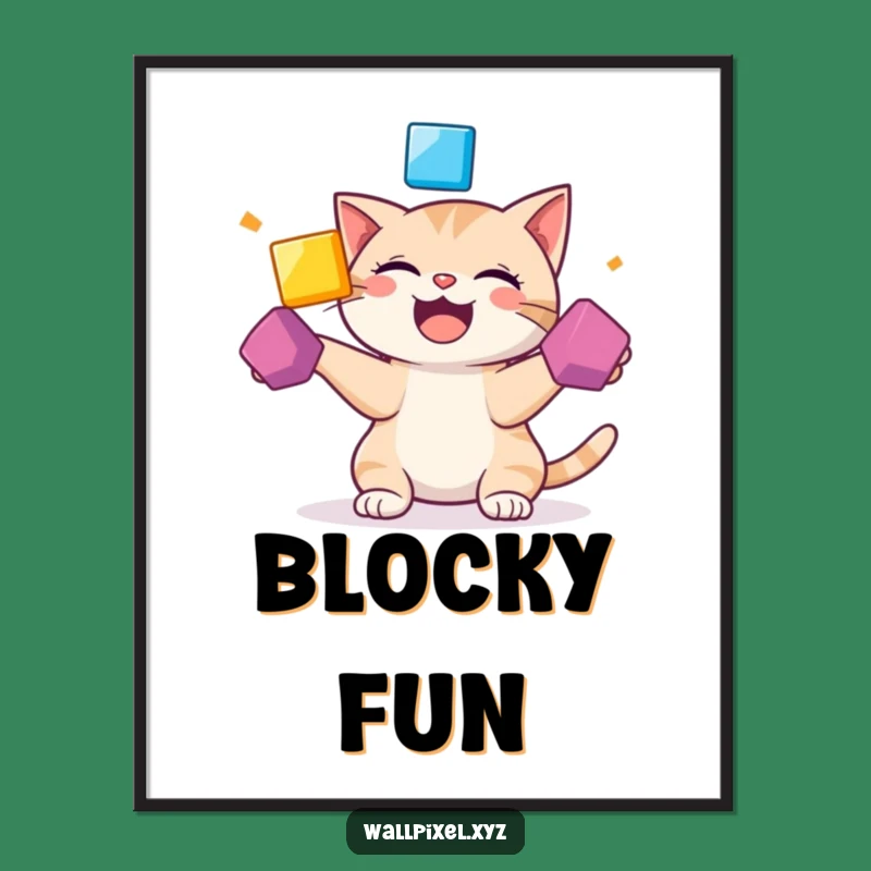 Funny Pixel Cat Poster: Giggling Juggling Cat, Humorous Art Gift