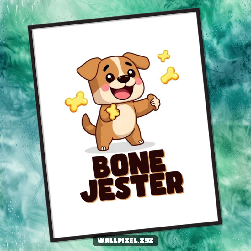 Funny Pixel Dog Poster: A blocky, retro 8-bit dog character is shown happily juggling glowing pixelated bones, ideal for gamers.