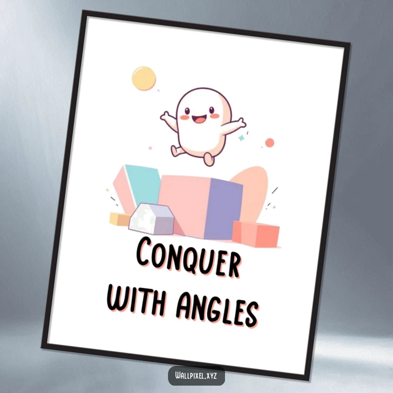 Funny smiling pixel figure bouncing energetically on abstract geometric shapes on a poster.