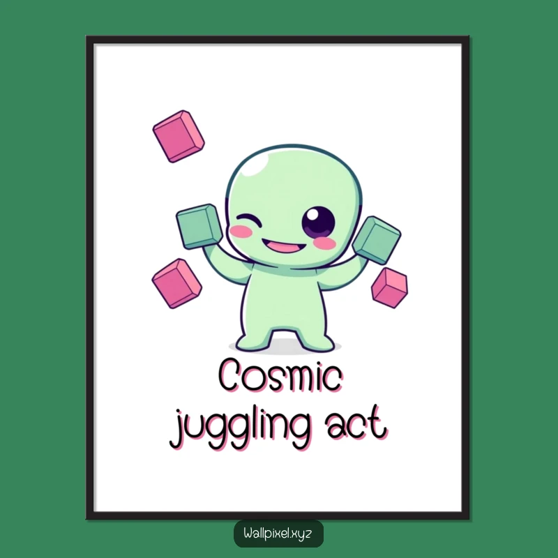 Funny Pixel Alien Poster: Retro Sci-Fi Wall Art of Juggling Character