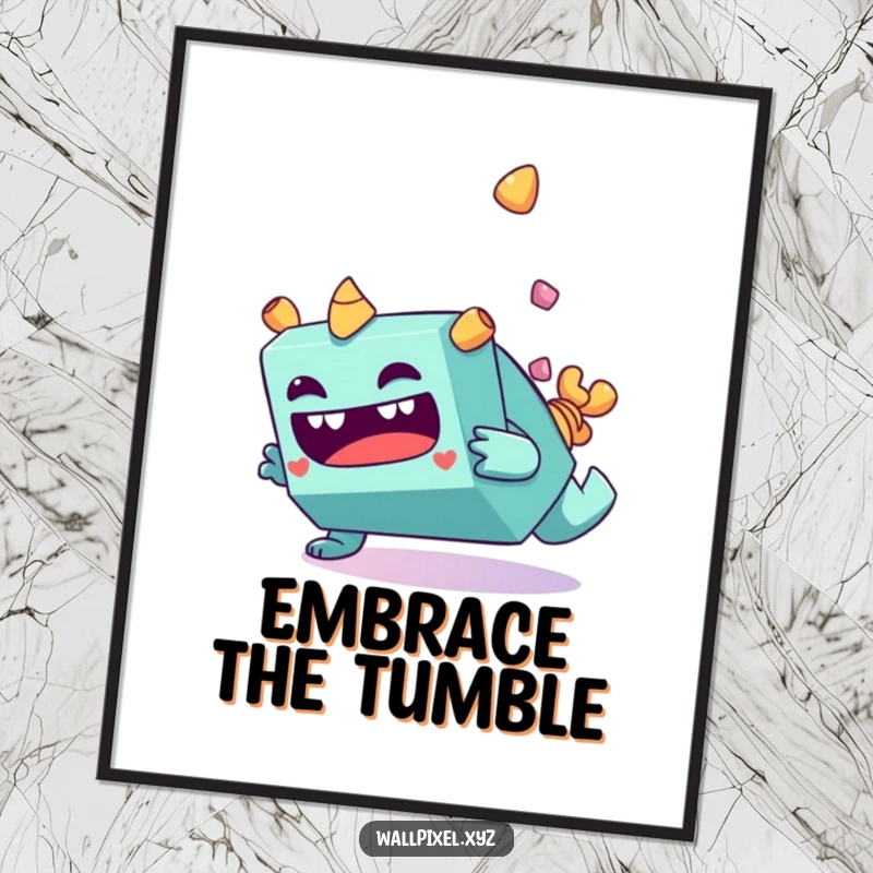 Funny blocky monster character making a silly face while tumbling end over end on a poster.