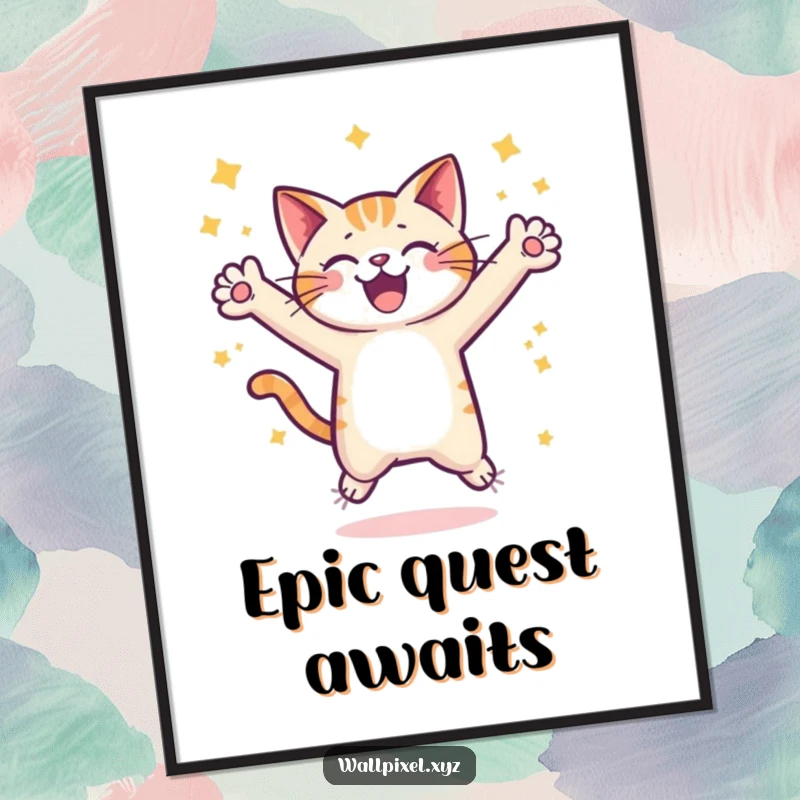 Funny pixel cat poster, a retro pixelated cat joyfully leaping surrounded by stars, ideal for gamer wall art.