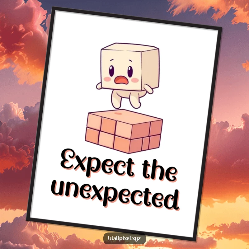 Funny poster depicting a surprised, blocky figure falling over a floating pixel, embodying humorous digital chaos.