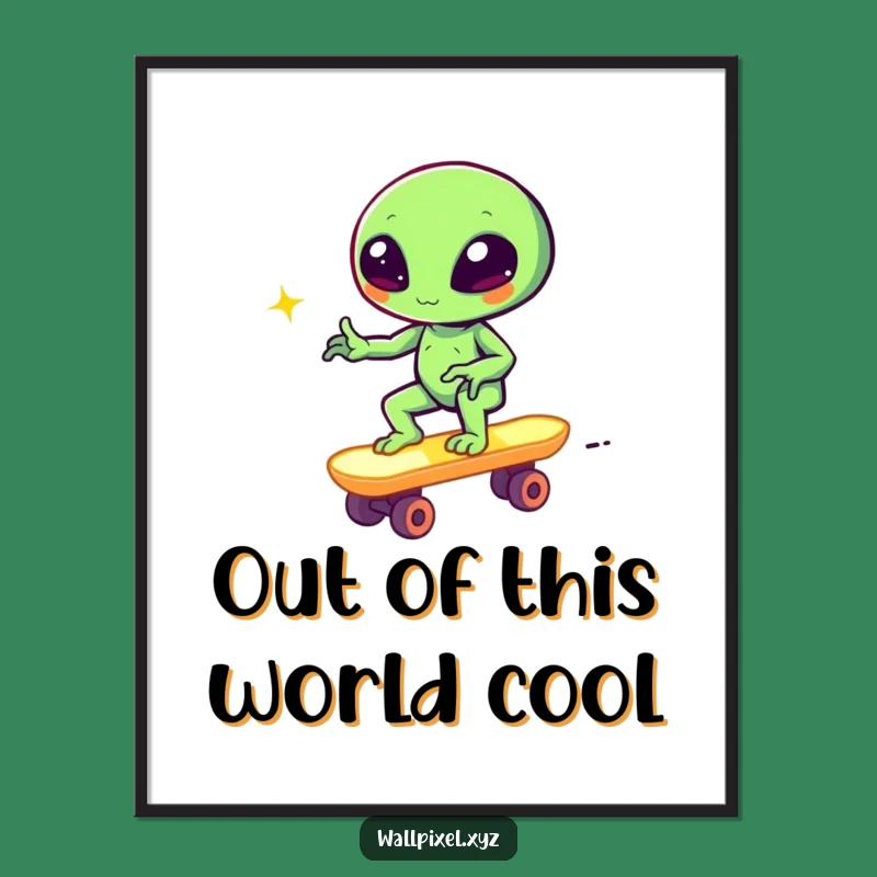 Funny Pixel Alien Skateboard Poster Retro Gamer Wall Art Decor Gift