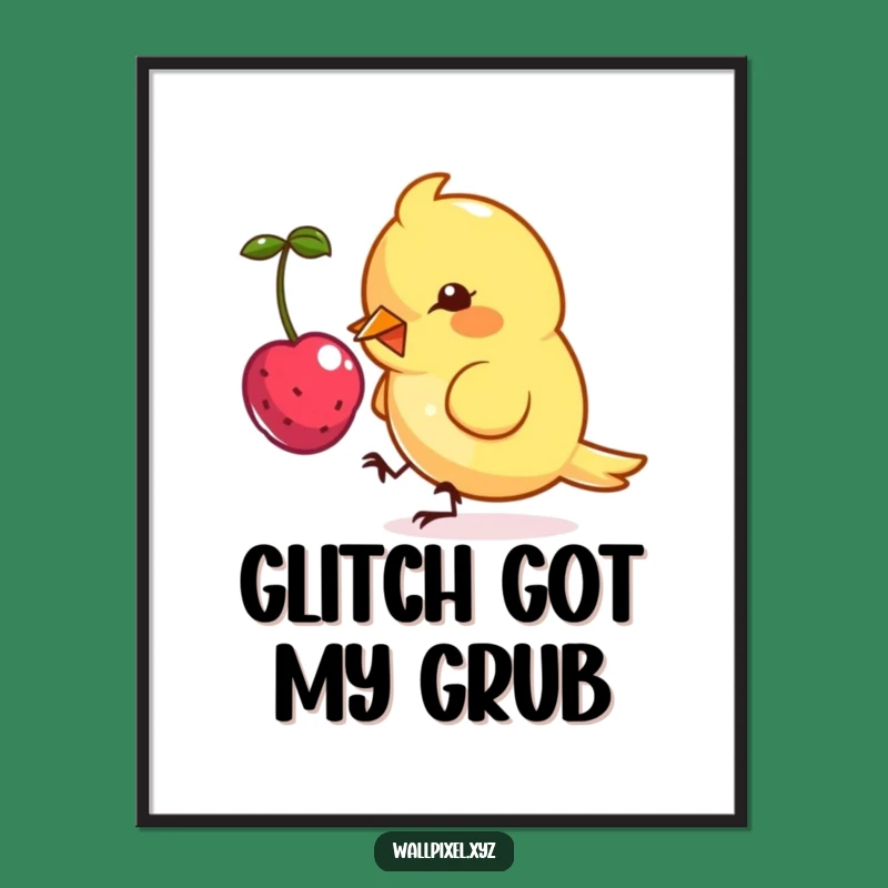 Funny Pixel Bird Poster: Vibrant Angular Character Pecking Digital Berry, Retro Gaming Wall Art