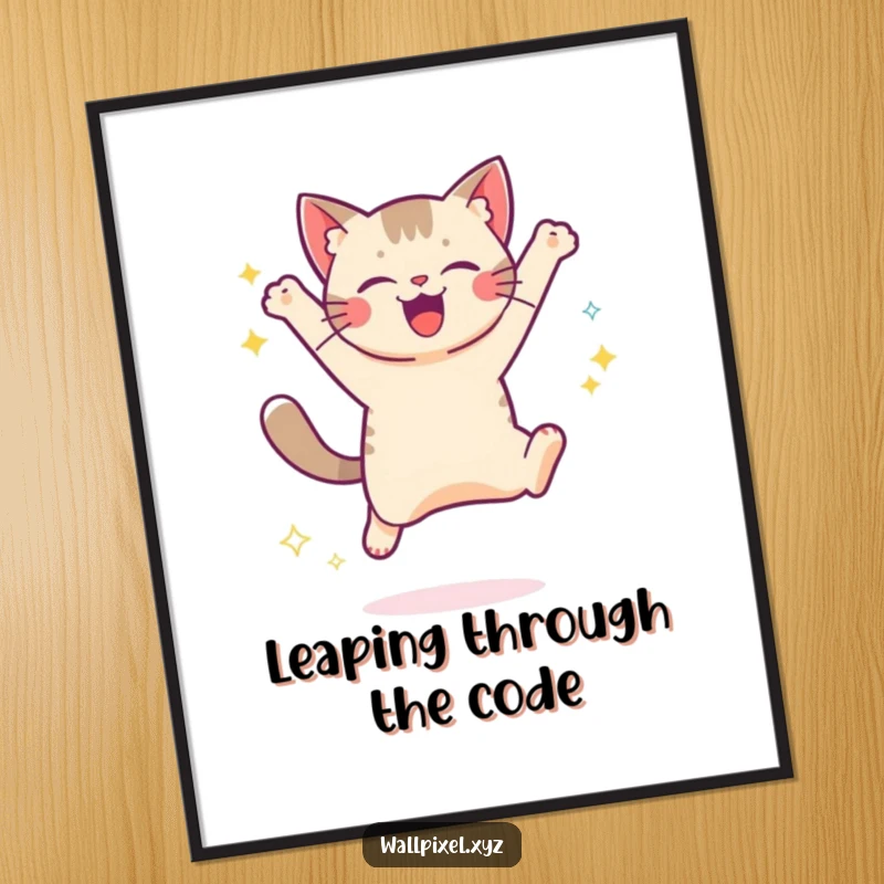 Funny poster displaying a pixelated cat mid-jump with digital sparkles, perfect for retro gaming fans and lovers of whimsical, digital art.