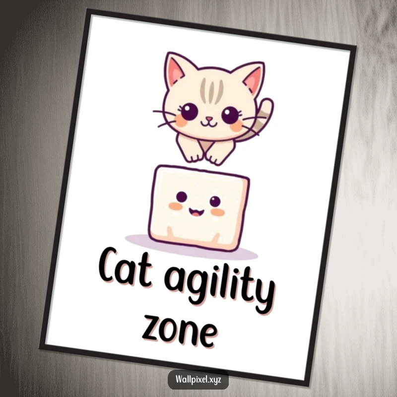 Funny poster art of a pixelated cat leaping over a smiling square block, a cute and playful scene.