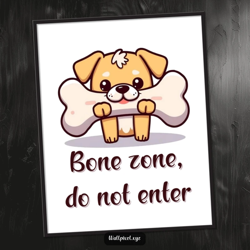 Funny poster of a blocky pixelated dog peeking from behind a large pixelated bone, perfect for retro gaming enthusiasts and dog lovers.