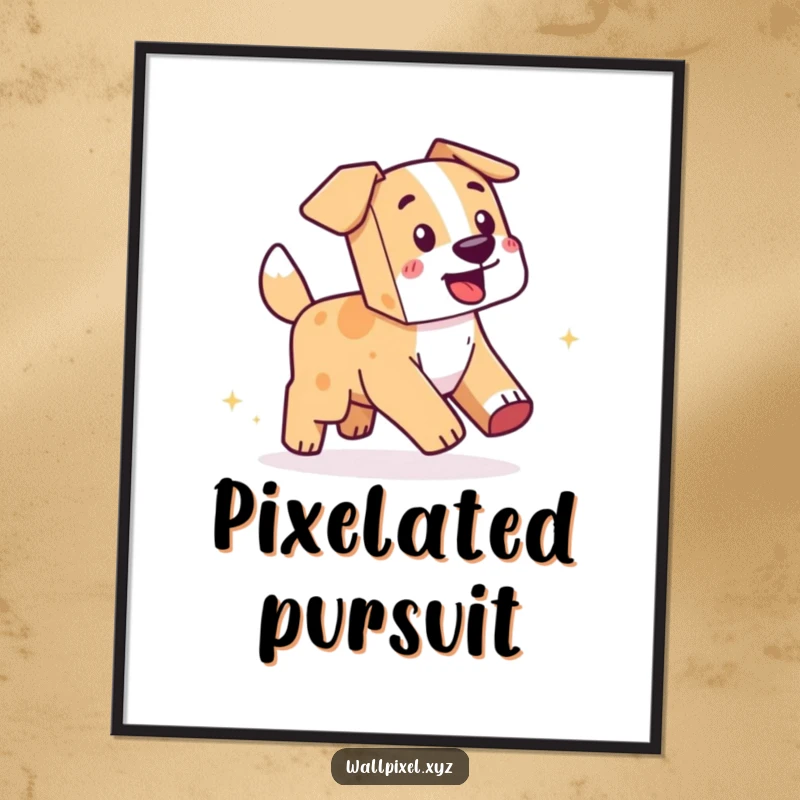 Funny Pixel Dog Poster: A vibrant poster of a blocky dog playfully chasing its own tail, surrounded by sparkling pixels.