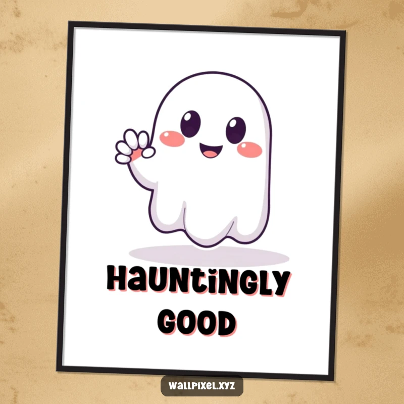 Funny poster print of a smiling, blocky pixelated ghost waving a friendly greeting, perfect for adding retro charm to walls.