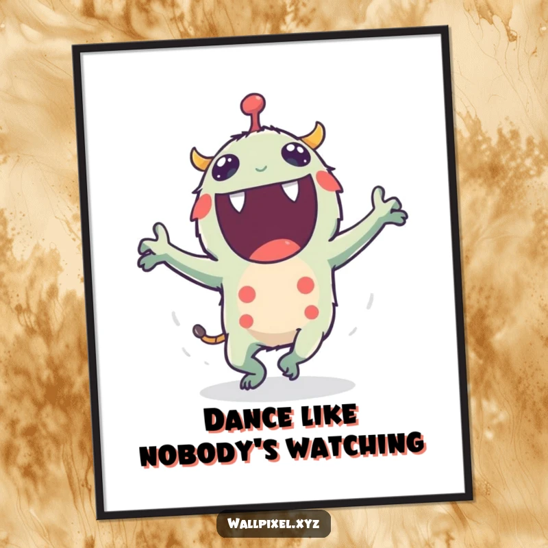 Funny poster of an excited pixel monster doing a lively dance with its small flailing blocky arms, perfect wall art.