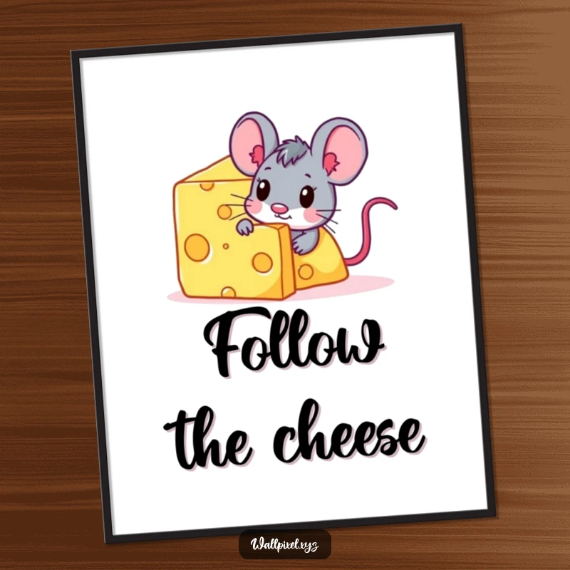 Funny pixelated mouse character peeking from behind a giant digital cheese block on a poster.